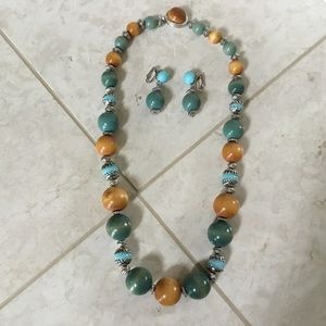 Vintage CORO necklace earring turquoise wood set